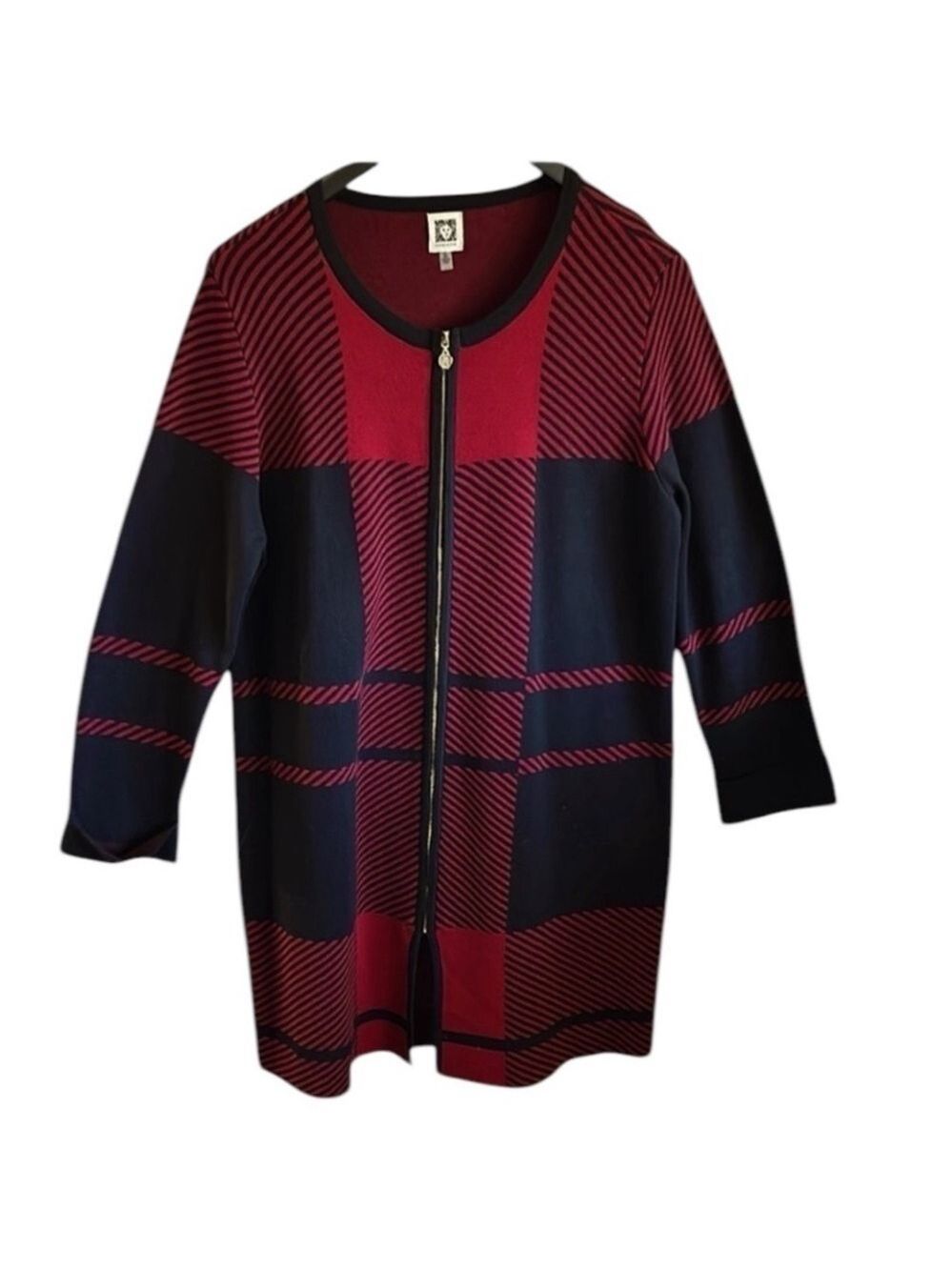 Anne Klein Coat Sweater Full Zip Cardigan in Black and Red Plaid Size XL - Picture 9 of 9